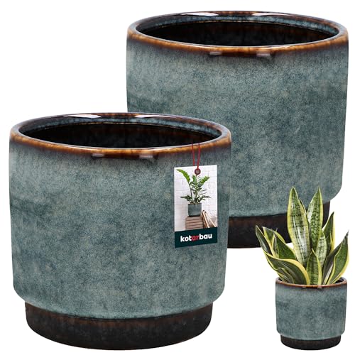 KOTARBAU® 2er Set Blumentopf blau Höhe 13 cm ⌀ 14 cm Keramiktopf Blumenübertopf Flower Pot Übertöpfe für Zimmerpflanzen Blumentopf Vintage Wohnzimmer Deko Orchideentopf glasierte Blumentöpfe von KOTARBAU