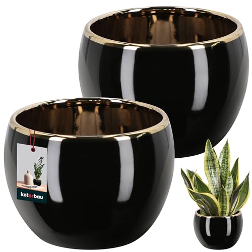 KOTARBAU® 2er Set Blumenübertopf Keramik glasiert Schwarz & Gold Höhe 9 cm ⌀ 11 cm Übertöpfe für Zimmerpflanzen Pflanztopf Keramik für Wohnzimmer Blumenübertöpfe für innen Plant Pot von KOTARBAU