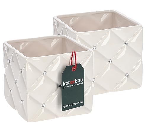 KOTARBAU® 2er Set Glamour Keramik Blumentopf 14 x 14 x 13 cm mit Zirkonen Quadratisch Pflanztopf Weiß Pflanzkübel Blumenkübel für Zimmerpflanzen Übertopf für Pflanzen Gartentopf von KOTARBAU