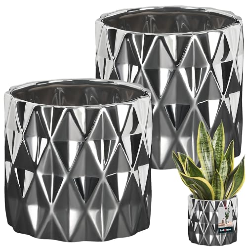 KOTARBAU® 2er Set Keramik Blumentopf Übertopf Glasiert Silber Zylindrische Form von KOTARBAU