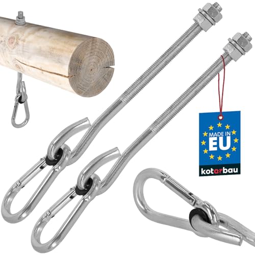 KOTARBAU® 2er Set Schaukelhaken mit Karabinerhaken - M12 230 mm - verzinkter Stahl - Schaukelhaken für Holzbalken - Karabinerhaken - Schraubhaken - Schwerlasthaken von KOTARBAU