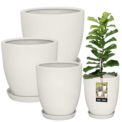 KOTARBAU® 3 St. Pflanzentopf mit Untersetzer Weiß ⌀ 26cm H: 28cm ⌀ 31cm H: 30cm ⌀ 38cm H: 33cm Glasierte Keramik Blumentopf Keramik groß Plant Pot Kaktus Topf mit Untersetzer Übertopf mit Untersetzer von KOTARBAU