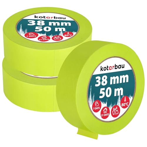 KOTARBAU® 3er Set Neon Malerkrepp 50 m Kreppband 38mm Malerband Abklebeband Maler Klebeband Maler Zubehör Fluoreszierendes Grün Kreppapier Malerbedarf von KOTARBAU