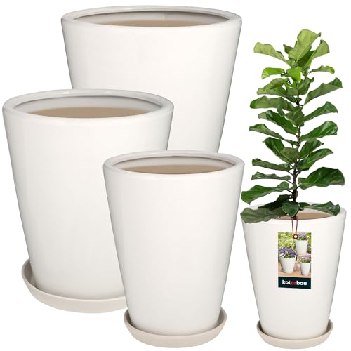 KOTARBAU® 3er Set Pflanzentopf mit Untersetzer Weiß ⌀ 26 cm H: 32 cm ⌀ 31 cm H: 35 cm ⌀ 38 cm H: 42 cm Glasierte Keramik Blumentopf Keramik groß Plant Pot Kaktus Topf mit Untersetzer Übertopf mit Unte von KOTARBAU