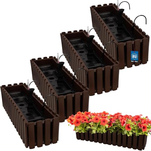 KOTARBAU® 4er Set Blumenkasten Balkon - Blumentopf Selbstbewässernd - 58x18x16cm - Braun - Kunststoff - Blumentopf Balkongeländer - Bewässerungssystem - Blumenkastenhalterung - Pflanzkübel Groß Außen von KOTARBAU