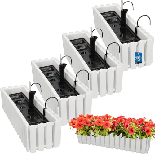 KOTARBAU® 4er Set Blumenkasten Balkon - Blumentopf Selbstbewässernd - 58x18x16cm - Weiß - Kunststoff - Blumentopf Balkongeländer - Bewässerungssystem - Blumenkastenhalterung - Pflanzkübel Groß Außen von KOTARBAU