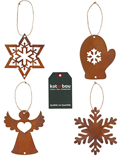 KOTARBAU® 4er Set Hängedekoration Weihnachtsdekoration aus Ecorost 10cm Stern Engel Handschuh Schneewittchen Weihnachtskugeln Christbaumkugel Rostfiguren Weihnachten von KOTARBAU