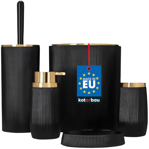 KOTARBAU® Badezimmer-Zubehör Set 5 Teiliges Badezimmer Organizer Schwarz und Gold Seifenschale Lotionflaschen Zahnbürstenbecher Toilettenbürste Mülleimer von KOTARBAU