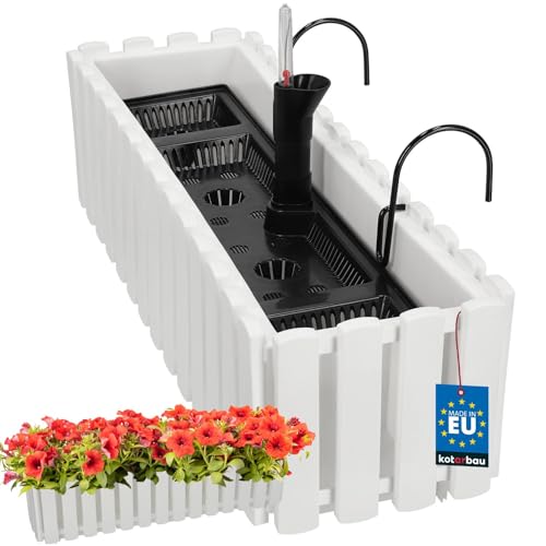 KOTARBAU® Blumenkasten Balkon - Blumentopf Selbstbewässernd - 58x18x16cm - Weiß - Kunststoff - Blumentopf Balkongeländer - Bewässerungssystem - Blumenkastenhalterung - Pflanzkübel Groß Außen von KOTARBAU