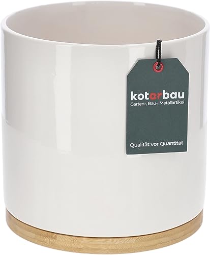 KOTARBAU® Blumentopf ⌀ 19 cm mit Bambusschale Zylinder Pflanztopf aus Keramik dekorativer Übertopf Weiß Pflanzkübel Blumenkübel für Zimmerpflanzen Pflanze Töpfe von KOTARBAU