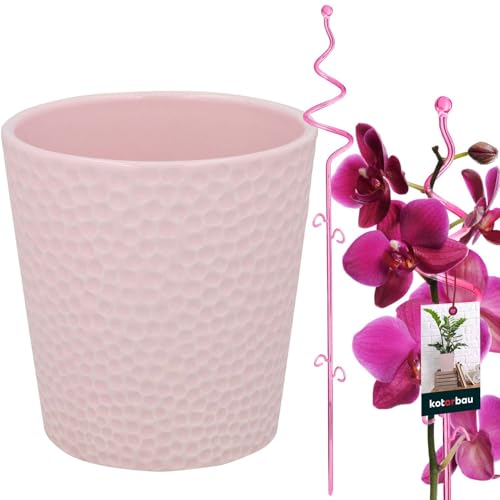 KOTARBAU® Blumentopf Rosa Keramik glasiert 15 cm mit Pflanzenstütze Rosa PVC 58 cm Orchideentopf Keramik mit Blumenstütze Rankhilfe Pflanztopf Orchideenstab Stützstab dekorative Pflanzenhalter von KOTARBAU