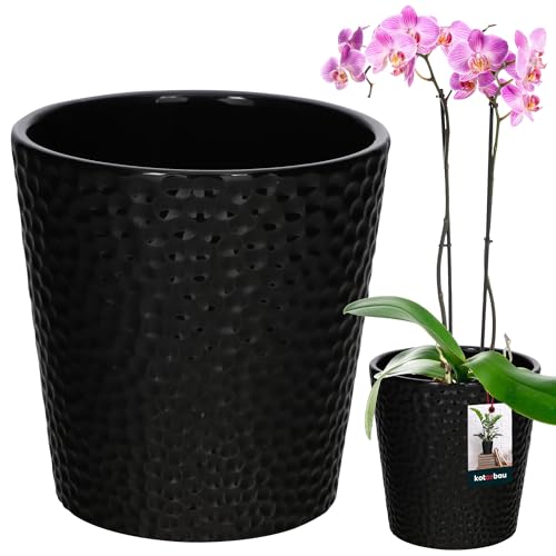 KOTARBAU® Blumentopf Schwarz Keramik Glasiert ⌀ 9,5 cm Höhe: 11 cm Orchideentopf Modern für Zimmerpflanzen von KOTARBAU