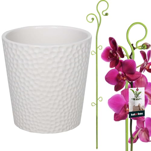 KOTARBAU® Blumentopf Weiß Keramik glasiert 15 cm mit Pflanzenstütze Grün PVC 58 cm Orchideentopf Keramik mit Blumenstütze Rankhilfe Pflanztopf Orchideenstab Stützstab dekorative Pflanzenhalter von KOTARBAU