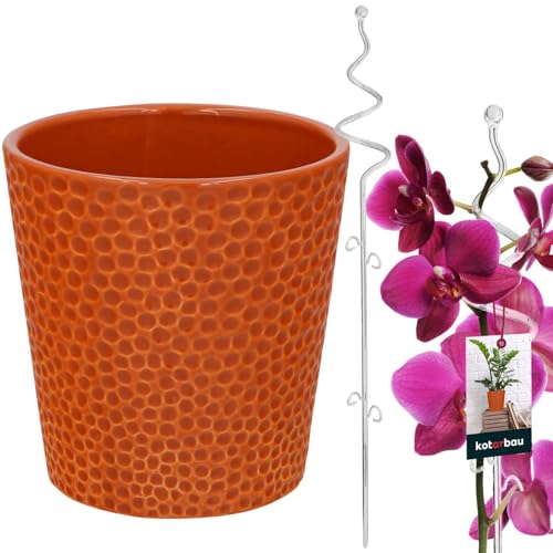 KOTARBAU® Blumentopf dunkel senffarben Keramik glasiert 11cm mit Pflanzenstütze Transparent Spirale PVC 58cm Orchideentopf Keramik mit Blumenstütze Rankhilfe Pflanztopf Orchideenstab Stützstab von KOTARBAU