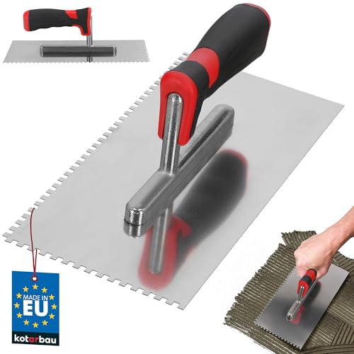 KOTARBAU® Edelstahl Glättkelle mit Zahnung 4x4 mm Zahnkelle zum Verlegen von Fliesen Glättscheibe Traufel Edelstahlkelle mit Softgriff unentbehrlich beim Fliesen 270 x 130 mm von KOTARBAU