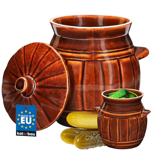 KOTARBAU® Keramik Gärtopf 3,7 L Braun Gurkentopf mit Deckel Sauerkrauttopf aus Steinzeug Einmachtopf Keramikfass Steinzeuggefäß Tontopf Steingut von KOTARBAU