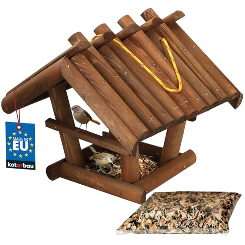 KOTARBAU® Holz Vogelfutterhaus Klein aus Natürlichem Holz Dunkelbraun zum Aufhängen + 0,5 kg Futter Gratis von KOTARBAU