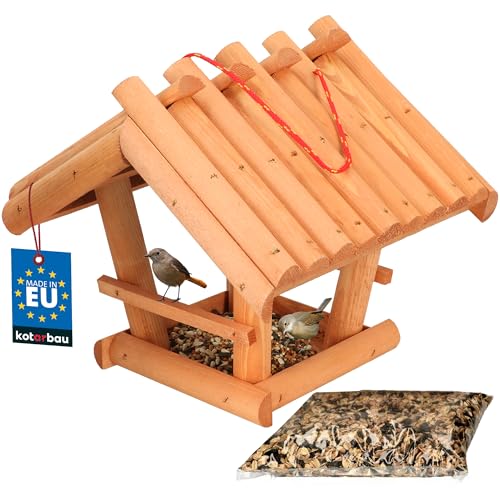 KOTARBAU® Holz Vogelfutterhaus Klein aus Natürlichem Holz Mahagoni zum Aufhängen + 0,5 kg Futter Gratis von KOTARBAU