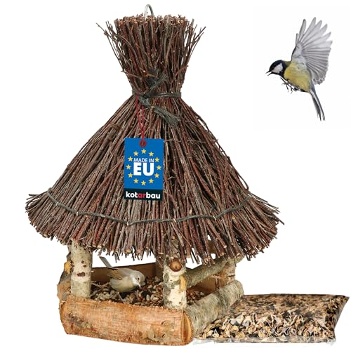 KOTARBAU® Holz-Vogelfutterhaus mit Reet eingedeckt Birke zum Aufhängen + Gratis 0,5 kg Futter von KOTARBAU