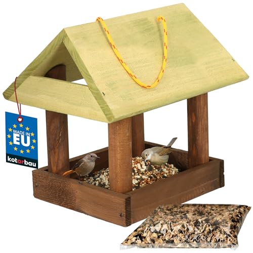 KOTARBAU® Holz-Vogelfutterhaus mit zum Aufhängen Naturholz Grüners zum Aufhängen + 0,5 kg Futter Gratis von KOTARBAU