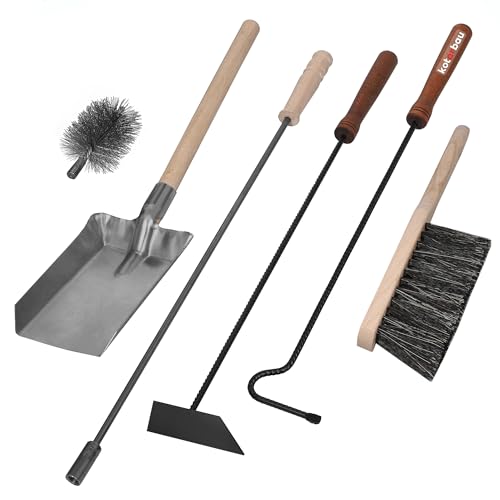 KOTARBAU® Kaminbesteck 5er Set mit Schürhaken Besen Schaufel Kaminbesen Besenstab mit Holzgriff Kamingarnitur Ofenbesteck Kaminzubehör Pulverbeschichtetes Metall Braun und Schwarz von KOTARBAU