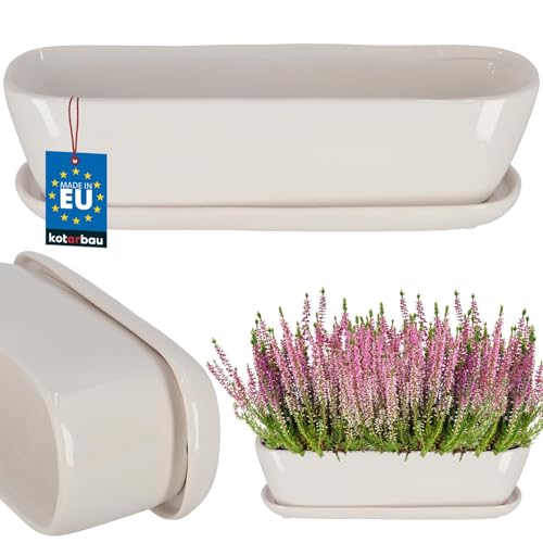 KOTARBAU® Keramik Blumenkasten mit Untersetzer 28x7,5x8cm Weiß Pflanzkübel Blumenkasten Pflanzentopf Übertopf Blumenkasten Balkon Pflanze Töpfe Blumenkübel Pflanztopf Kräutertopf Fensterbank von KOTARBAU