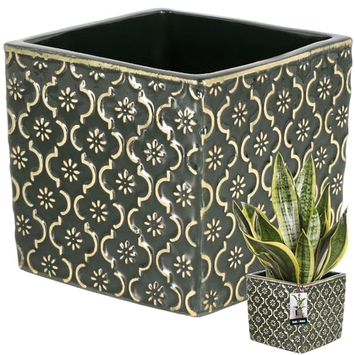 KOTARBAU® Keramik Blumentopf Quadratisch Vintage Dunkel Grün 13x13cm H: 13cm Glasierte Keramik 1 St. Viereckig Pflanzkübel Drinnen Pflanzgefäß von KOTARBAU