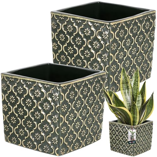 KOTARBAU® Keramik Blumentopf Quadratisch Vintage Dunkel Grün 13x13cm H: 13cm Glasierte Keramik 2 St. Viereckig Pflanzkübel Drinnen Pflanzgefäß von KOTARBAU