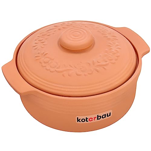 KOTARBAU® Keramik Bräter 4 L Römischer Topf Keramiktopf mit Deckel und Griffen Naturton Dampfgarer Rustico Tonbräter Auflaufform Tonware Keramische Grillschale Rund Steingut Brotbackform Terrakotta von KOTARBAU