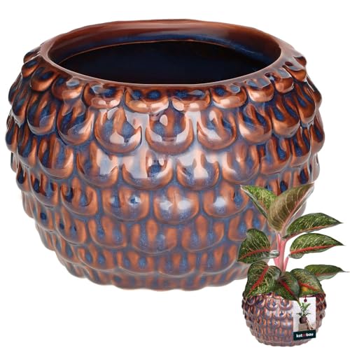 KOTARBAU® Kunstvoller Blumentopf-Keramik groß Vintage Fischschuppen-Muster handgefertigt ⌀ 17 cm Höhe 13 cm Blumenübertopf Keramik-Blumentopf Blau & Braun Orchideentopf von KOTARBAU