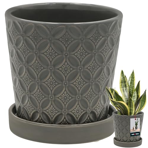 KOTARBAU® Pflanzentopf mit Untersetzer Grau ⌀ 13 cm Höhe: 15 cm Glasierte Keramik Blumentopf groß Plant Pot Kaktus Topf mit Untersetzer Übertopf mit Untersetzer Blumentöpfe von KOTARBAU