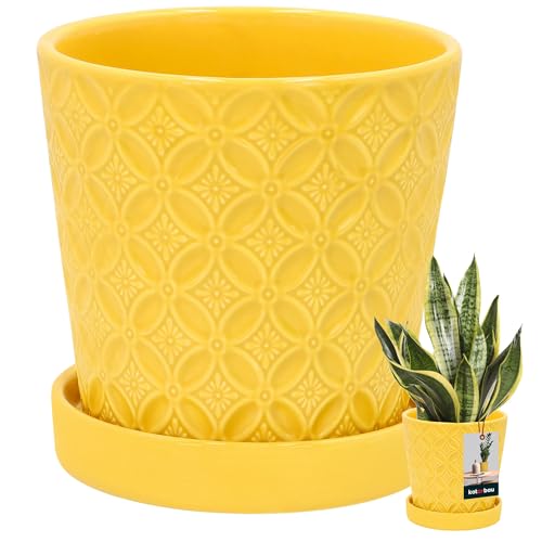 KOTARBAU® Pflanzentopf mit Untersetzer Senfgelb ⌀ 13 cm Höhe: 15 cm Glasierte Keramik-Blumentopf groß Plant Pot Kaktus Topf mit Untersetzer Übertopf mit Untersetzer Blumentöpfe von KOTARBAU
