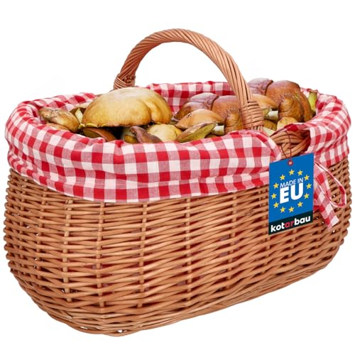 KOTARBAU® Picknickkorb Weidenkorb 46 cm Naturfarbe Einkaufskorbmit rot kariertem Stoffeinsatz Osterkorb Geschenkkorb leer Präsentkorb Weidenkorb mit Henkel Picknick Korb geflochten für Pilze Oval von KOTARBAU