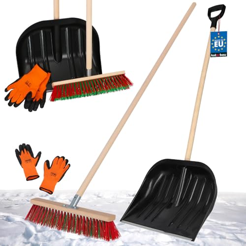 KOTARBAU® Set Schneeschaufel mit Holzstiel 142,5cm Straßenbesen 43cm Handschuhe Schneeschieber Snow Shovel Schneeräumer Gartenbesen mit Stiel draußen Schneeschaufel Auto Holz Stiel zur Schneeräumung von KOTARBAU