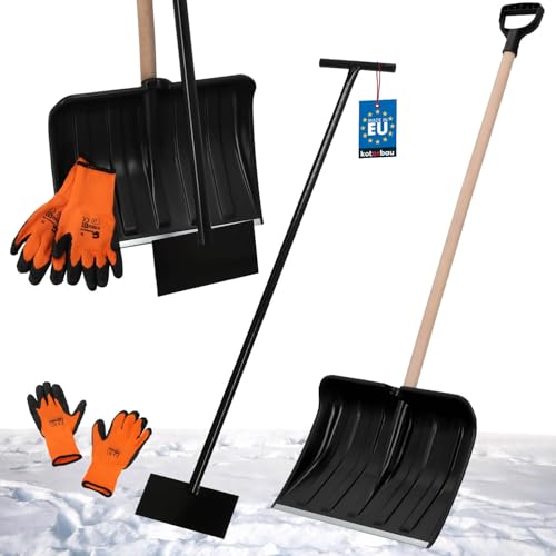 KOTARBAU® Set Schneeschaufel mit Holzstiel 131 cm Eisschaber 119 x 20 cm + Handschuhe warm Schneeschieber Schneeräumer Schneeschaufel Auto Stoßscharre mit Stiel Schaufel mit Stiel von KOTARBAU