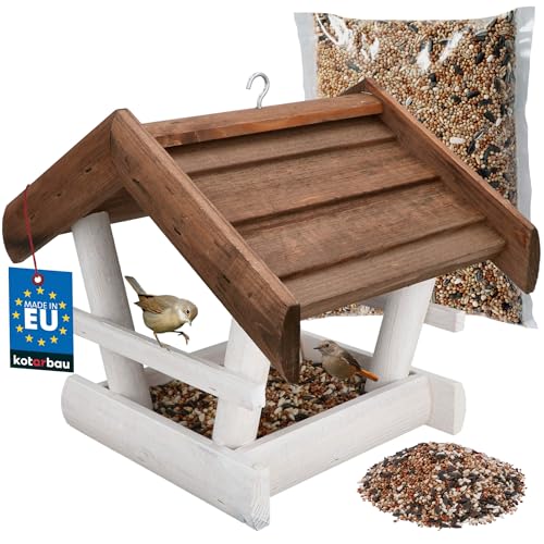 KOTARBAU® Vogelhaus zum Aufhängen - 24 x 30,5 x 25,5 cm - Vogelfutterhaus aus Holz - Natürlich - Vogelhäuschen + Vogelfutter 0,5 kg - Grau - Holzdeko für Garten mit braunem Dach von KOTARBAU