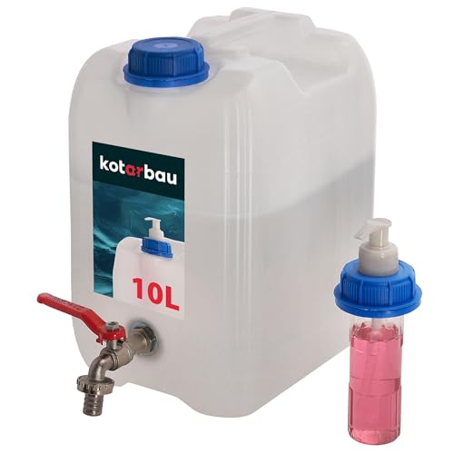 KOTARBAU® Wasserkanister mit Hahn 10l Wassertank mit Seifenspender Weiß Wassertank mit Pumpspender Trinkwasserkanister Kunststoffkanister Wasserbehälter Camping Baustelle von KOTARBAU