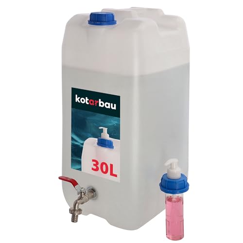 KOTARBAU® Wasserkanister mit Hahn 30l Wassertank mit Seifenspender Weiß Wassertank mit Pumpspender Trinkwasserkanister Kunststoffkanister Wasserbehälter Camping Baustelle von KOTARBAU