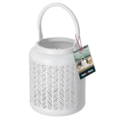 KOTARBAU® Windlicht mit Henkel Metall Weiß ⌀ 12,5 cm Höhe 24 cm Stahl durchbrochen Teelichthalter Windlichter Tischdeko Teelichthalter große Teelichter Metall Weihnachtsdeko von KOTARBAU