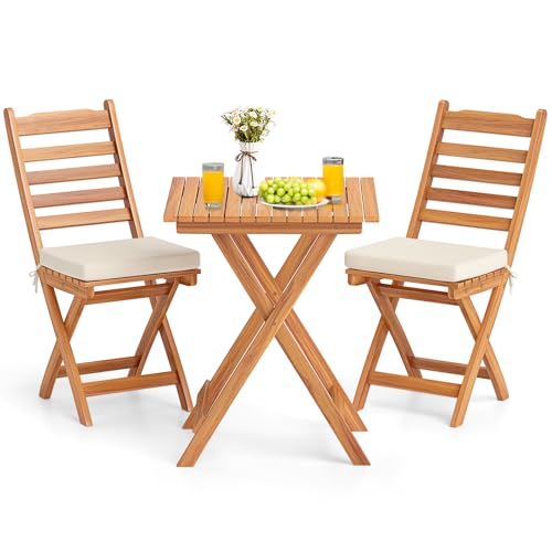 KOTEK Faltbares Bistro-Set für den Außenbereich, 3-teiliges Bistro-Set aus Akazienholz mit weichen Kissen, Terrassen-Bistrotisch und Stühlen für Hinterhof, Veranda, Pool (horizontale Lamellen) von KOTEK