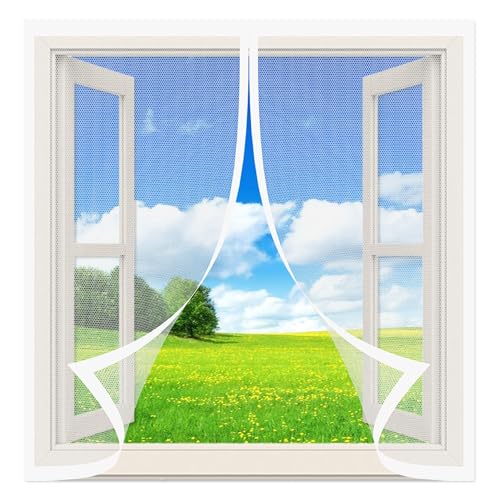 Fliegennetz Fenster Magnet 93 x 90 cm Insektenschutz Polyester Atmungsaktiver Masche Ohne Bohren Atmungsaktiv Selbstschließend für Terrassentür Und Fenster, Weiß von KOUDU