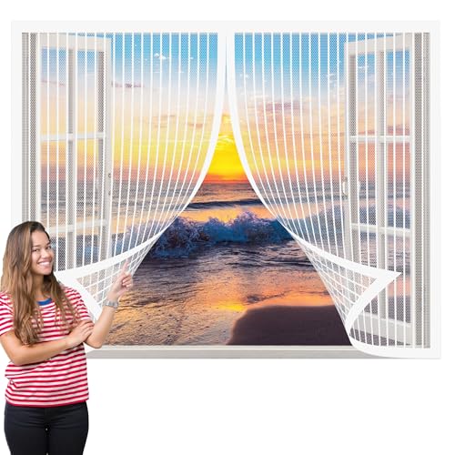 Insektenschutz Fliegengitter Fenster Alurahmen 90 x 100 cm Insektenschutz Magnetisches Fliegengitter Ohne Bohren Klebemontage für Fensteren Patio, Weiß von KOUDU