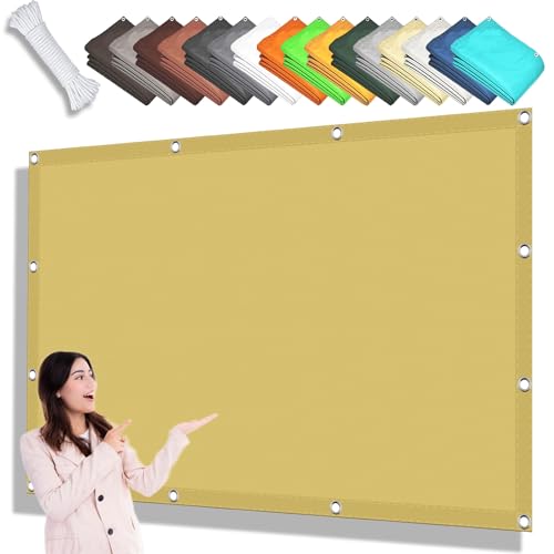 Markisenstoff 2.2 x 8.5 m Premium PES Polyester Wasserabweisend Imprägniert Rechteck Plane Überdachung mit Ösen Ohne Bohren mit Seil für Balkon Camping Terrasse Pergola, Sandgelb von KOUDU