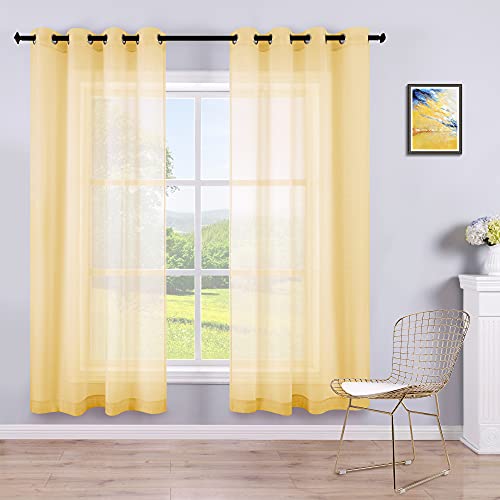 Gelbe durchsichtige Vorhänge, 160 cm Länge, für Schlafzimmer, 2 Paneele, Ösen, Pop-Farbe, Leinenoptik, Voile, Fenster, halbtransparente Federvorhänge für Wohnzimmer, Küche, 132 x 160 cm lang von KOUFALL