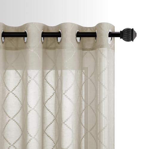 KOUFALL Braune durchsichtige Vorhänge für Wohnzimmer Classics Bestickt gewellt Diamant 95 Lange Fenstervorhänge Leinenoptik Erschwingliche Bight Eye Let Grommet Sheer Schlafzimmer Set von 2 Paneelen von KOUFALL