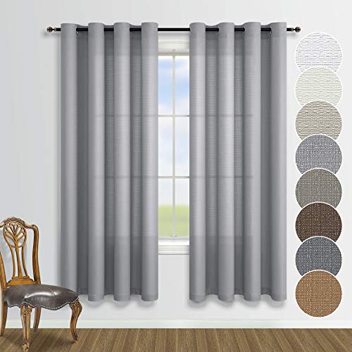 KOUFALL Graue Vorhänge, 160 cm Länge für Schlafzimmer, 2 Paneele, halbtransparent, Leinen, Baumwolle-Optik, silberfarbene Ösen, graue Fenstervorhänge von KOUFALL