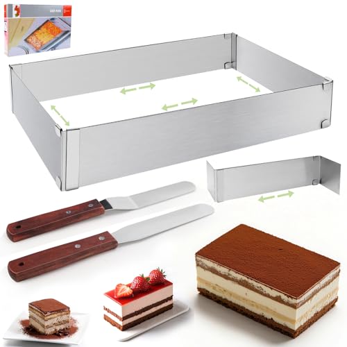 KOUHA Backrahmen Rechteckig Verstellbar Backrahmen Eckig Tortenring Verstellbar für Backblech mit Teiler Spatel für Kuchen Torten Pizza Backen Back Zubehör 18x27 bis 34x52cm von KOUHA