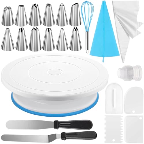 KOUHA Torten Zubehör Set Tortenplatte Drehbar Backzubehör Kuchen Drehteller Backset Spatel Teigschaber Spritzbeutel Spritztüllen Tüllen Konditorei Zubehör Torten Dekorieren Zubehör (72pcs) von KOUHA