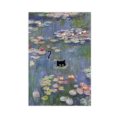 KOURT Katze Monet Herbst Seerose Lustiges Poster Leinwand Poster Wandkunst Dekor Druck Bild Gemälde für Wohnzimmer Schlafzimmer Dekoration Unrahmen: 60 x 90 cm von KOURT