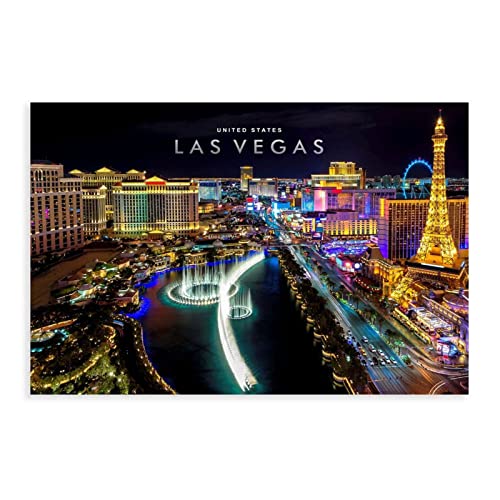 KOURT Las Vegas Skyline Nachtansicht der US-Städte, Leinwand-Poster, Schlafzimmer, Dekoration, Sport, Landschaft, Büro, Raumdekoration, Geschenkrahmen: 60 x 90 cm von KOURT